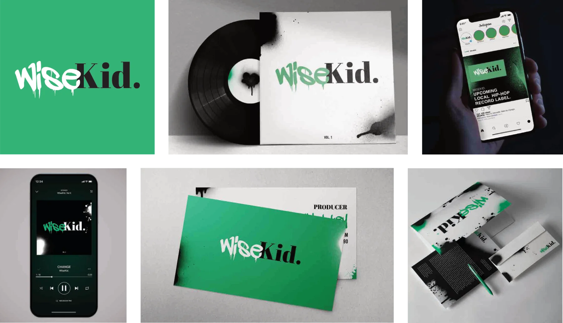 WiseKid logo on green, vinyl sleeve, app screens and business cards