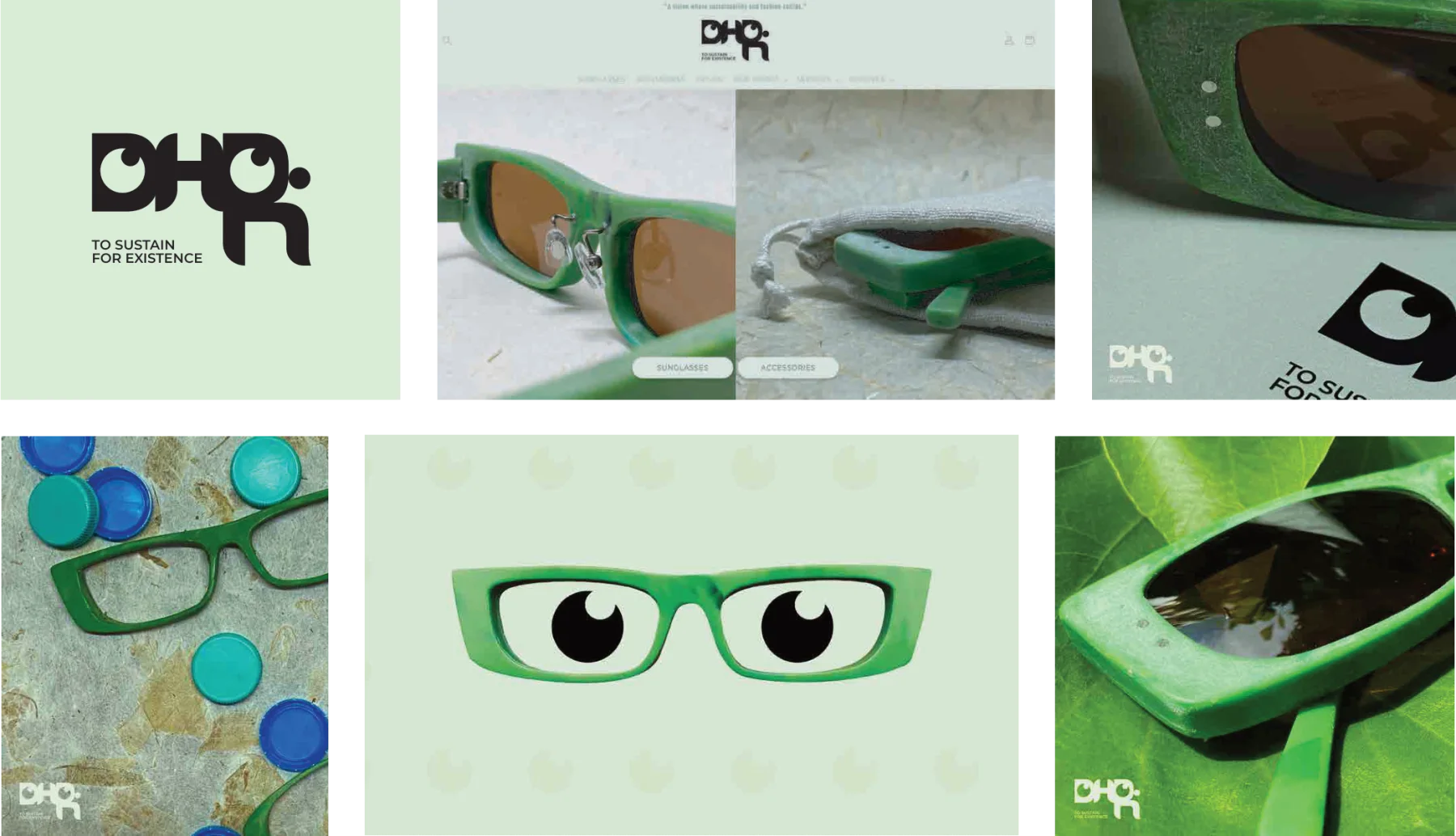 DHRI logo, green sunglasses product photography and packaging