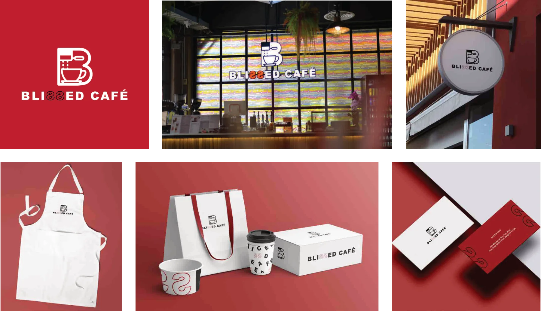 Blissed Cafe red identity on storefront, apron, cups and bags