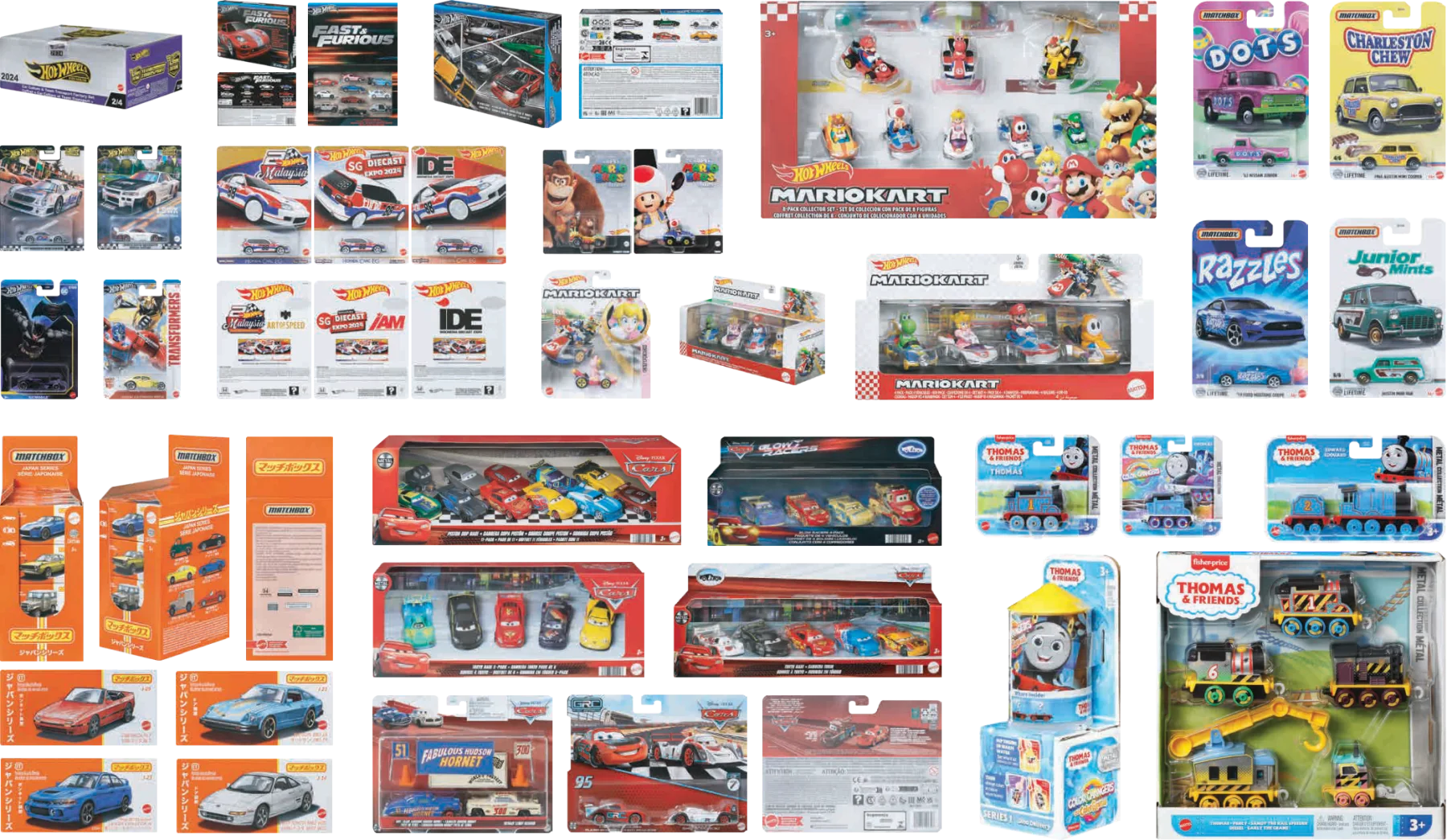 Grid of Mattel packs: Hot Wheels, Matchbox, Fisher-Price and Pixar Cars