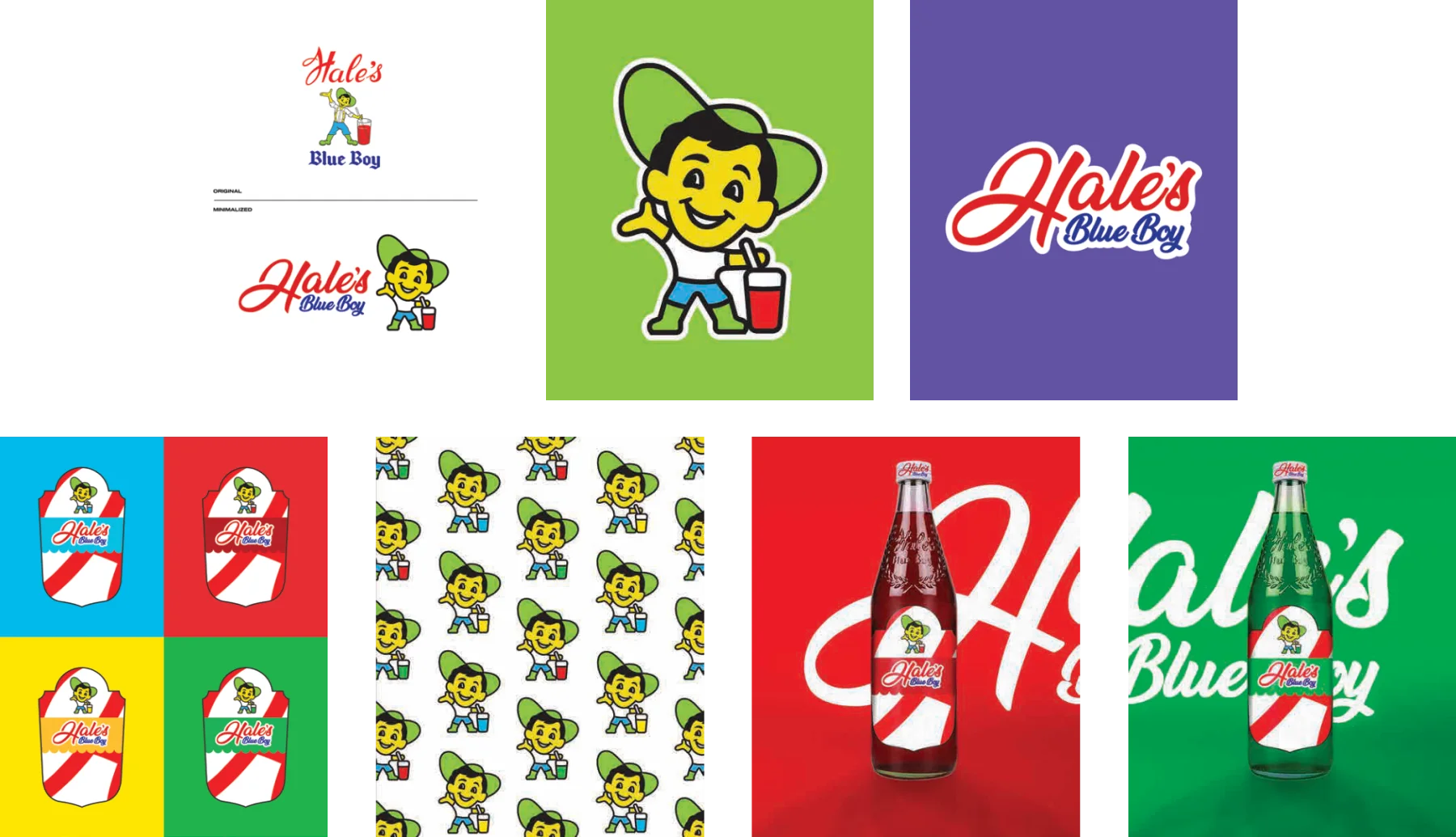 Hale's Blue Boy mascot, wordmark, pattern and syrup bottle