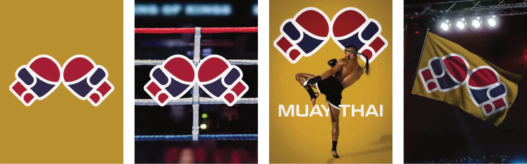 Muay Thai gloves mark on posters, ring and flag